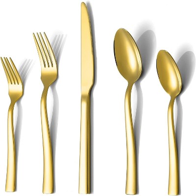BRINJOY 40-Piece Gold Cutlery Set - 8-Person Deluxe Square-Edge Stainless Steel Flatware, Heavy-Duty Mirror Polished Flatware