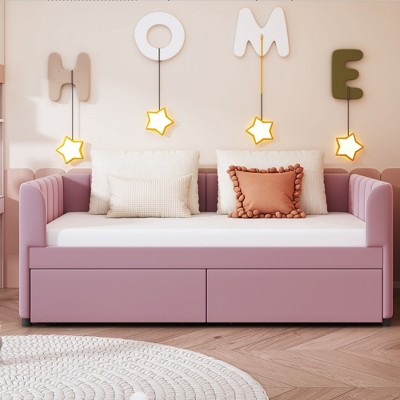Okak Twin Size Daybed with 2 Drawers Upholstered Bed Sofa Bed Frame with Backrest for Living Room Bedroom Guest Room, Pink