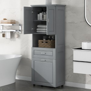 TiramisuBest Tall Bathroom Cabinet with Laundry Basket, Large Storage Space Tilt-Out Laundry Hamper and Upper Storage Cabinet, Grey - 1 of 4