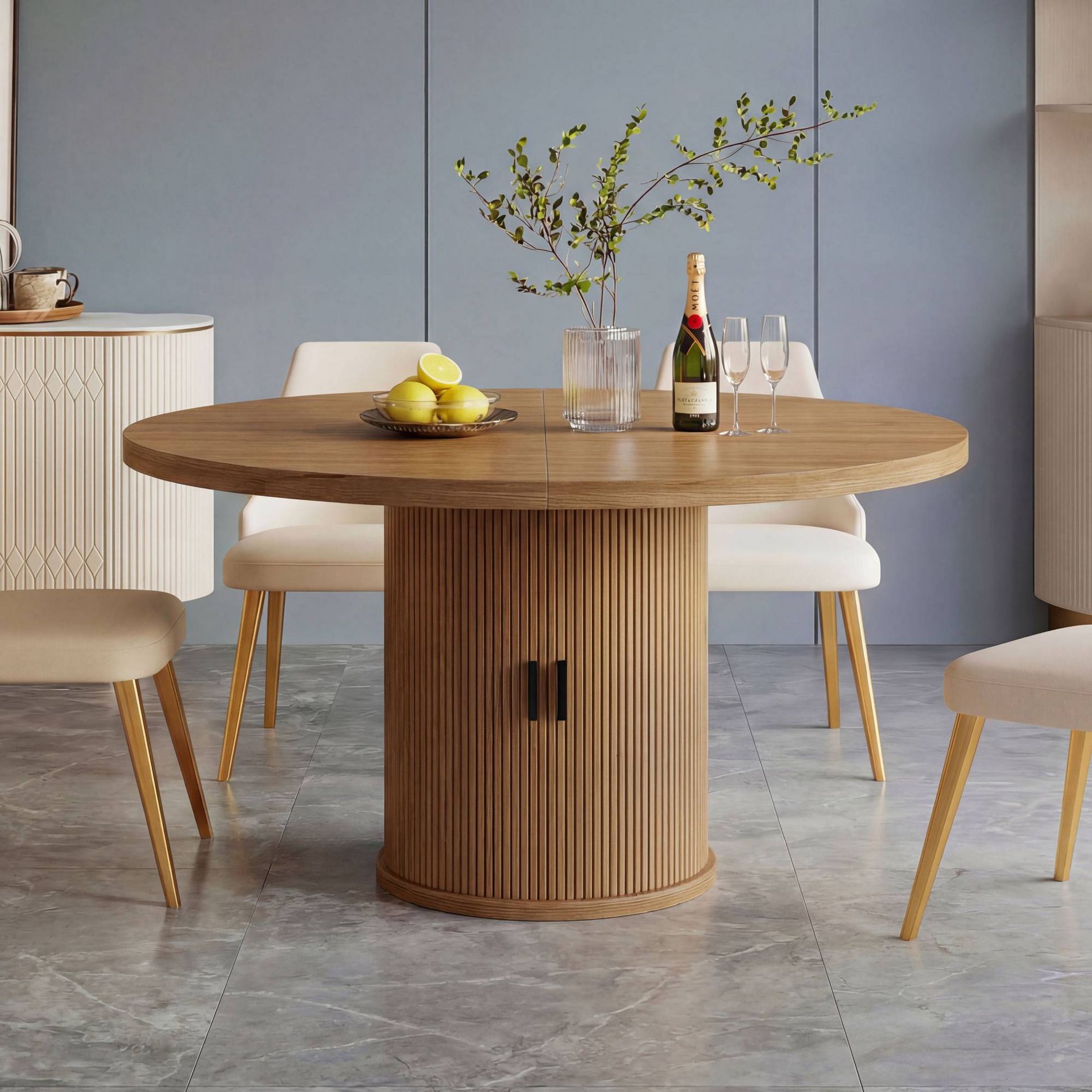 Dyonery Round Dining Table for 4 People,35.43" Modern Kitchen Table with Hidden Storage & Fluted Wood Design,Wood Texture Dining Table for Small Space