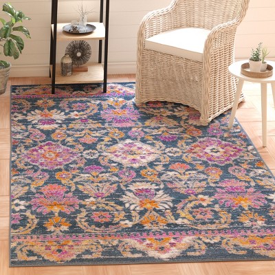 Blue Fuchsia Hand-knotted Synthetic Floral Motif Area Rug