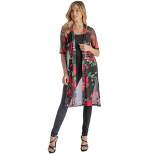24seven Comfort Apparel Plus Size Black And Red Floral Knee Length Sheer Cardigan