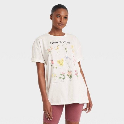 Women's Zodiac Floral Chart Short Sleeve Oversized Graphic T-Shirt - White S/M