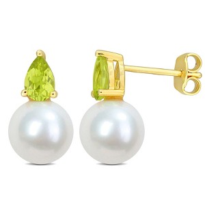 EVERLY JEWELRY | Yellow Plated Sterling Silver 4/5 CT TGW Peridot & 8.5 - 9 MM Cultured Freshwater Pearl Fashion Post Earrings - 1 of 4