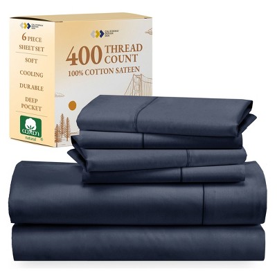 6 Piece Sheet Set with 4 Pillowcases - 400 Thread Count 100% Cotton Sateen - Deep Pocket by California Design Den