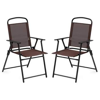 SUGIFT 2pcs Patio Folding Sling Back Chair with Armrests, Portable Metal Outdoor Chairs for Indoor Outdoor Garden Poolside Yard, Brown