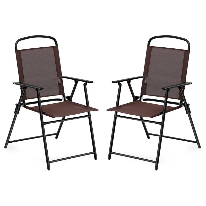 SUGIFT 2pcs Patio Folding Sling Back Chair with Armrests, Portable Metal Outdoor Chairs for Indoor Outdoor Garden Poolside Yard, Brown, 1 of 8