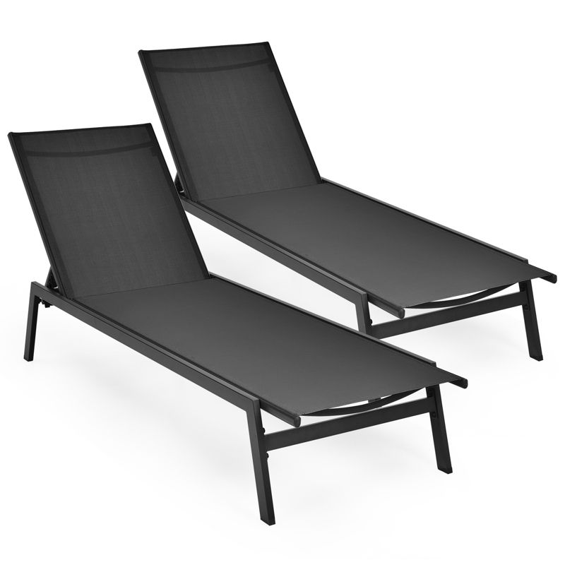 Tangkula 2PC Patio Chaise Lounger with 6-Postion Adjustable Backrest and Breathable Fabric Black, 1 of 10