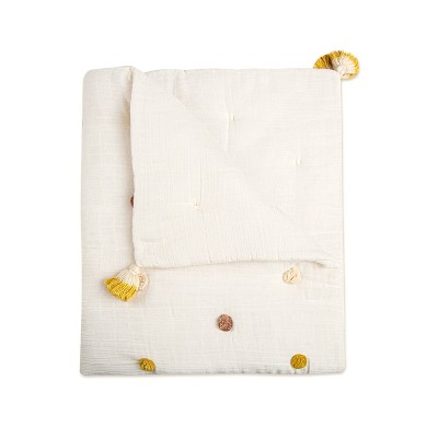 Crane Baby Cotton Muslin Pom Pom Blanket - Kendi White