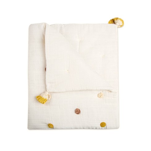 Crane Baby Cotton Muslin Pom Pom Blanket Kendi White