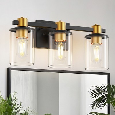 YANSUN 20 in. 3-Light Black Gold Bathroom Vanity Light with Clear Glass Shades for Mirror and Vanity Black and Gold