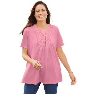 Woman Within Plus Size Eyelet Henley Tee