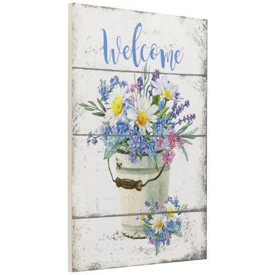 Whitewashed Wood Spring Floral Welcome Wall Sign - 16"