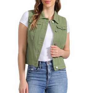 INSPIRE CHIC Women's Buttoned Washed Denim Vest with Faux Chest Flap Pockets - 1 of 4