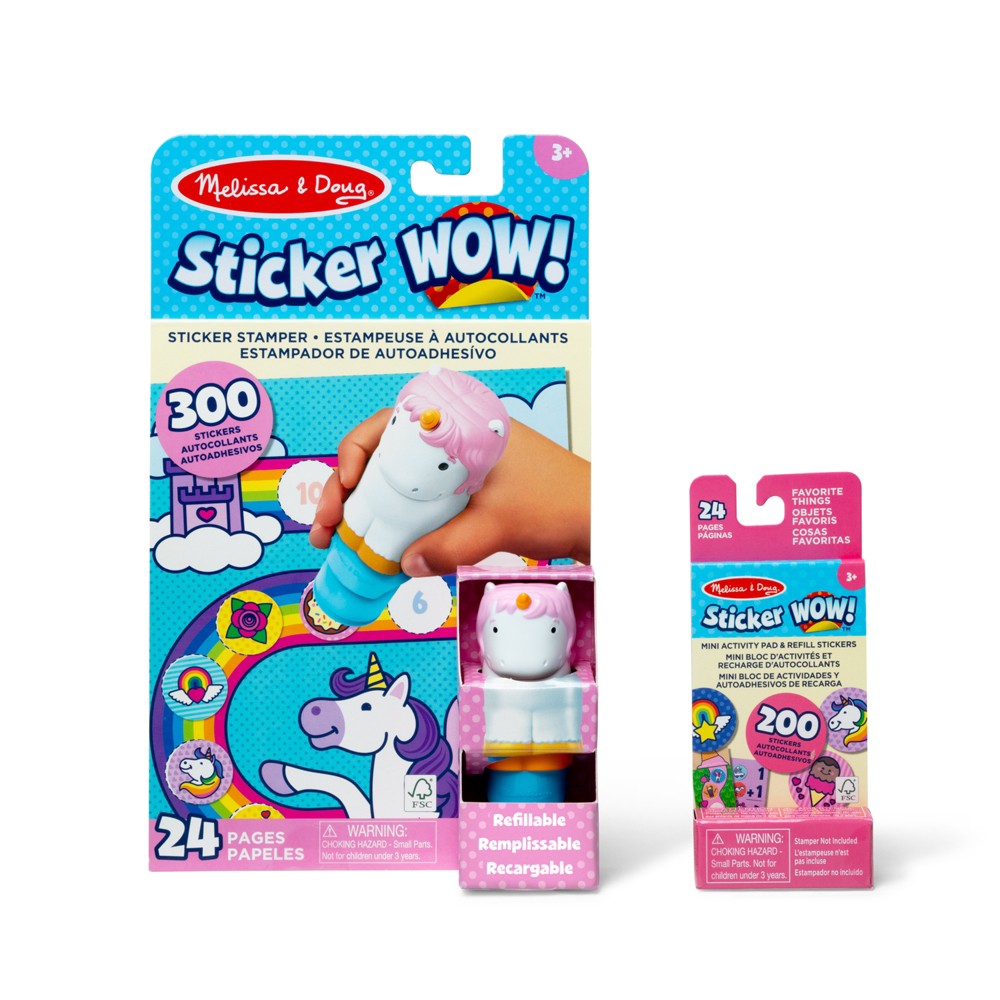 Melissa & Doug Sticker WOW! Unicorn Bundle: 24-Page Activity Pad, Sticker Stamper, 500 Stickers, Arts and Crafts