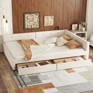 Upholstered Linen Platform Bed Frame with Storage Drawers and USB Port, No Box Spring Required - Baofuwish - 1 of 4