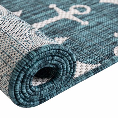Teal and Ivory Nautical Anchor Outdoor Rug 4' x 6'