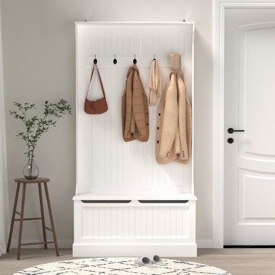 FURNIinspire Hall Trees Standing Clothes Rack Coat Rack Entryway Bench With Shoe Storage, 5 Hooks, Entryway Organizer, White, 13.4"*37.8"*70.9"