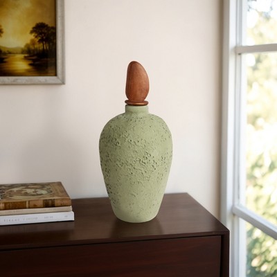 Modern Pottery Decorative Vase with Lid - Textured Artisan Design Vase for Table Centerpiece - Home or Office Decor Accent - Green