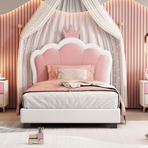 NicBex Twin/Full Size Princess Upholstered Bed Frame with Crown-Shaped Headboard for Girls,Solid Wood Slats Support,Easy Assembly - 1 of 4