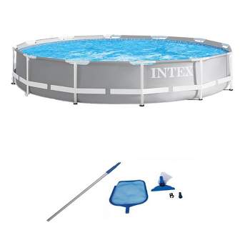 Intex 26711EH 12ft x 30in Prism Metal Frame Above Ground Swimming Pool with Filter Pump and Cleaning Maintenance Kit with Vacuum, Skimmer and Pole