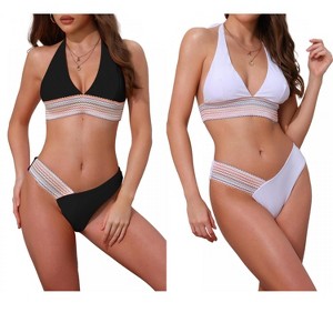 INSPIRE CHIC Women's Color Block Wavy Stripes Halter Top V Shaped Bottom Swimwear Bathing Bikini Suits 2 Sets - 1 of 4