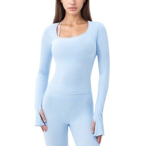 Anna-Kaci Active Women's Long Sleeve Ribbed Knit Fitted Top with Asymmetrical Neckline and Thumbhole Cuffs - 1 of 4