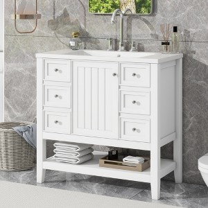 36"W Bathroom Vanity with Sink, One Cabinet, Open Storage Shelf and Three Drawers 4S - ModernLuxe - 1 of 4