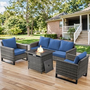 Buenhomino Patio Furniture with Fire Pit 4-Piece Wicker Outdoor Sectional Couch with Swivel Rocking Chairs, Propane Fire Pit Conversation Set - 1 of 4