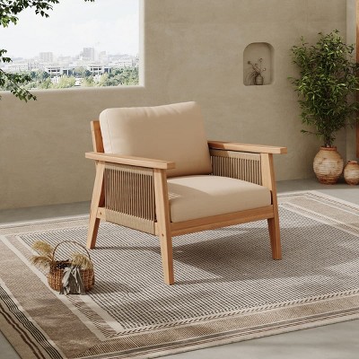 Set of 2 Outdoor Acacia Wood Arm Chairs with Rope Sides and Cushions, Modern Patio Lounge Seating for Porch, Balcony or Garden-Maison Boucle