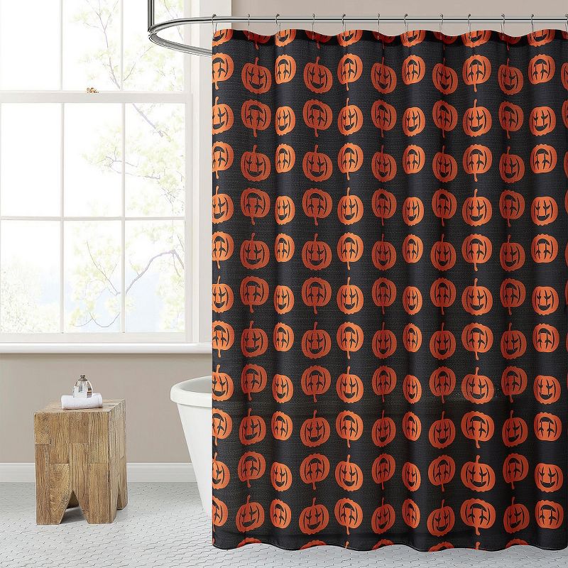 Kate Aurora Halloween Accents Black & Orange Spooky Jack O' Lanterns Fabric Shower Curtain - Standard Size, 1 of 4