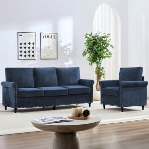 Mjkone Modern Chenille Fabric 3-Seater Sofa Couch with Single Sofa Chair with Unique Rivet,Solid Wood Gourd Shapes Legs for Living Room - 1 of 4