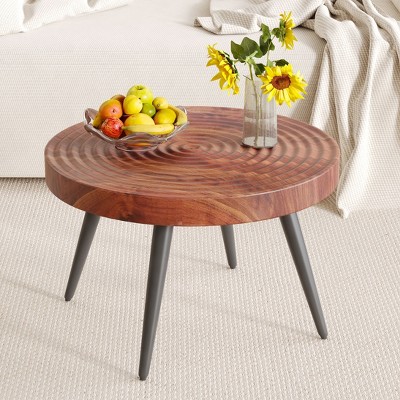 NicBex Round Coffee Table, 23.6 Inch, Natural Wood Grain Texture, Black Metal Leg, Suction Molding
