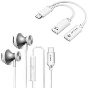 Delton 15EC Wired Earbuds & 2-in-1 USB-C Splitter Adapter Bundle, White ...