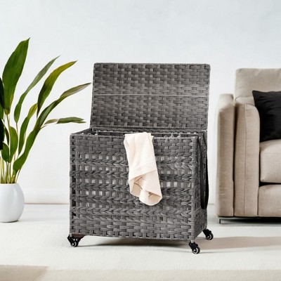 Laundry Hamper with Lid Clothes Hamper Synthetic Rattan 3-Section Laundry Sorter Basket with Removable Liner Bags for Laundry Room