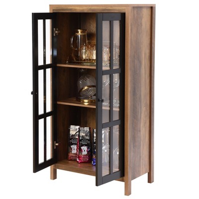 Natural Wood and Black Glass Door Curio Cabinet