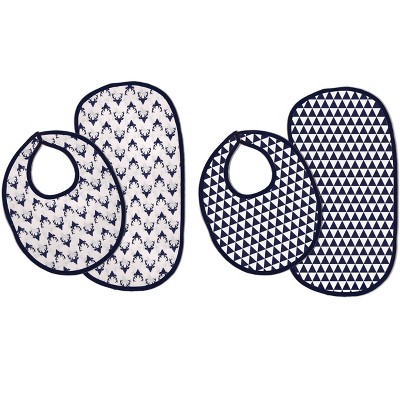 Bacati - Navy Buck/Triangles Muslin 4 pc set of Bibs & Burp Cloths Set