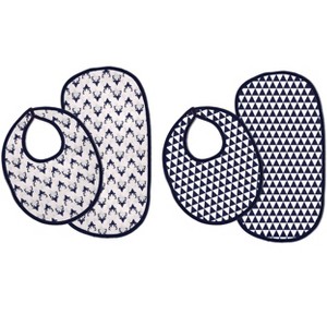 Bacati - Navy Buck/Triangles Muslin 4 pc set of Bibs & Burp Cloths Set - 1 of 4