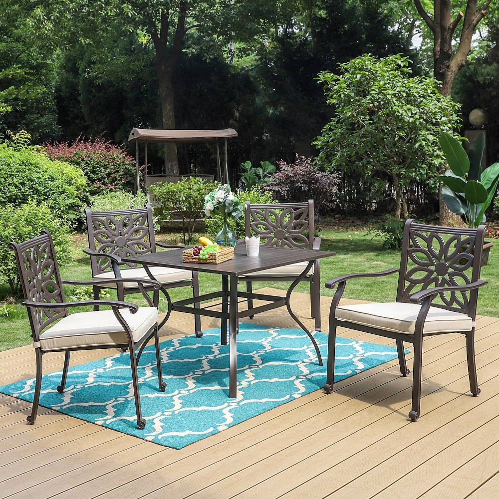 Photos - Dining Table 5pc Outdoor Cast Aluminum Extra Wide Chairs with Cushions & Metal Table 