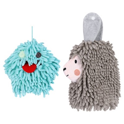 REGALWOVEN 2 Packs Cute Cartoon Alpaca Fuzzy Ball Hand Drying Hanging Ball Towels for Bathroom 7" x 7"/7" x 11"