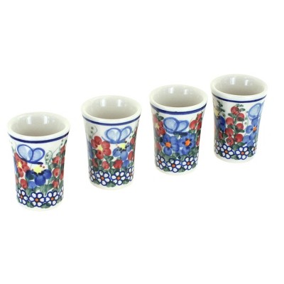 Blue Rose Polish Pottery Garden Butterfly Shooter/Shot Glass Set