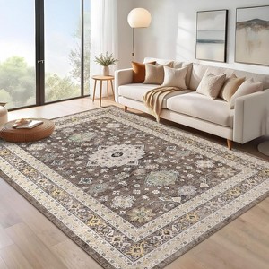 Washable Rug Vintage Floral Distressed Rug Non Slip Backing Low Pile Foldable Floor Cover Oriental Medallion Indoor Carpet Office - 1 of 4