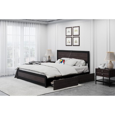Bed Frame with Charging Station, Industrial Design Platform Bed Frame with Headboard and Metal Slated Frame