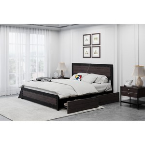 Bed Frame with Charging Station, Industrial Design Platform Bed Frame with Headboard and Metal Slated Frame - 1 of 4