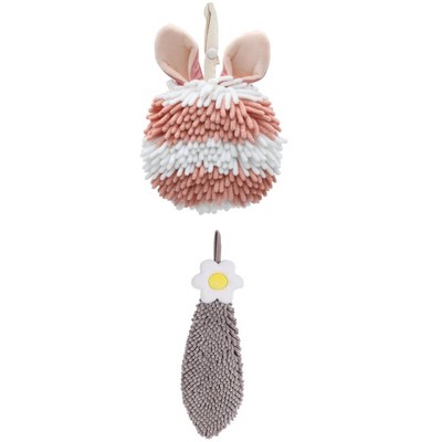REGALWOVEN 2 Packs Soft Absorbent Flower and Rabbit Shape Decorative Chenille Hand Towel for Bathroom 6" x 15"/7" x 7"