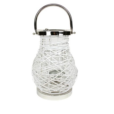 Northlight 13.5" Modern White Decorative Woven Iron Pillar Candle Lantern with Glass Hurricane