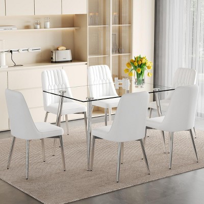 51.2" Modern Glass Dining Table Set with 4 Upholstered Chairs and Metal Legs, Rectangular Table for Kitchen or Dining Room -3irtyhousy