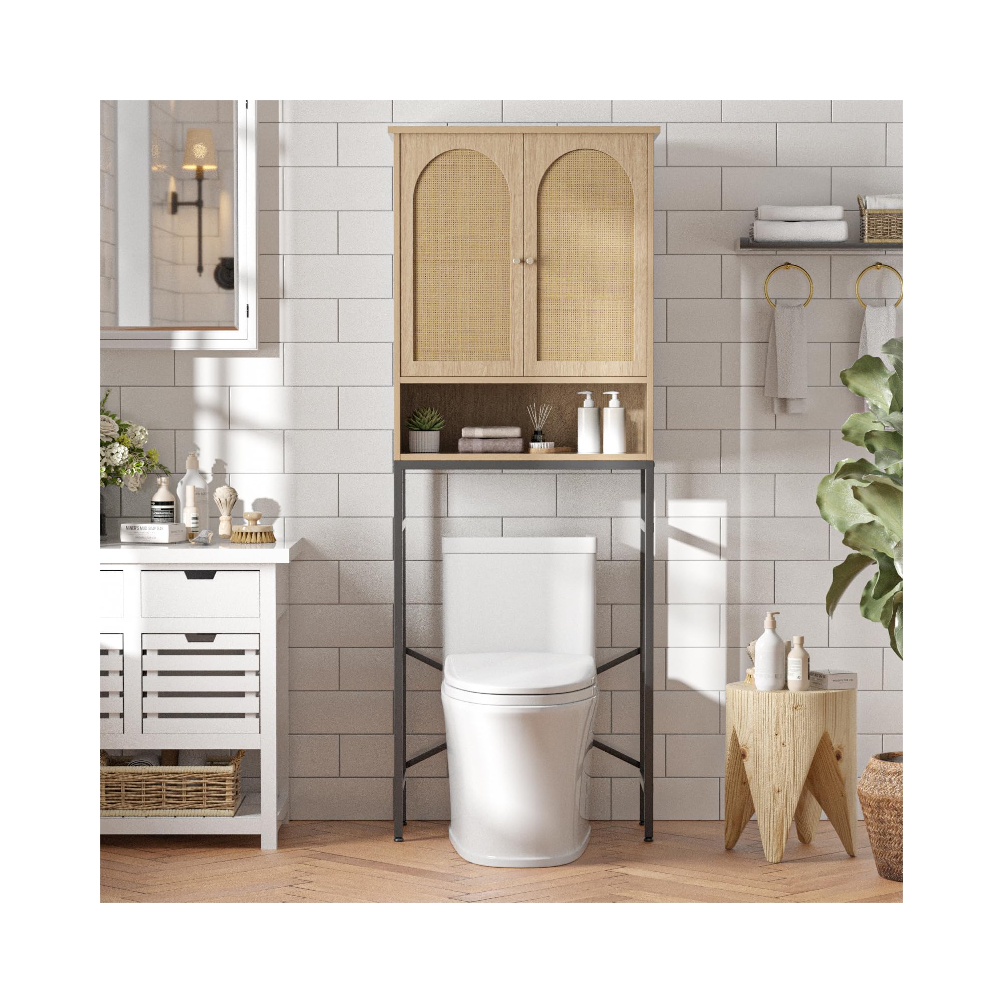 Rattan Over The Toilet Storage Cabinet, Tall Storage Shelves Wood Rack, Natural