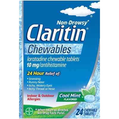 Claritin Allergy Relief 24 Hour Non-Drowsy Loratadine Cool Mint Chewables - 24ct