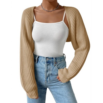 Womens Winter Sweater Shrugs Thick Sweater Knit Bolero Long Sleeve Open Front Cropped Sweater Knit Jackets,Khaki - L